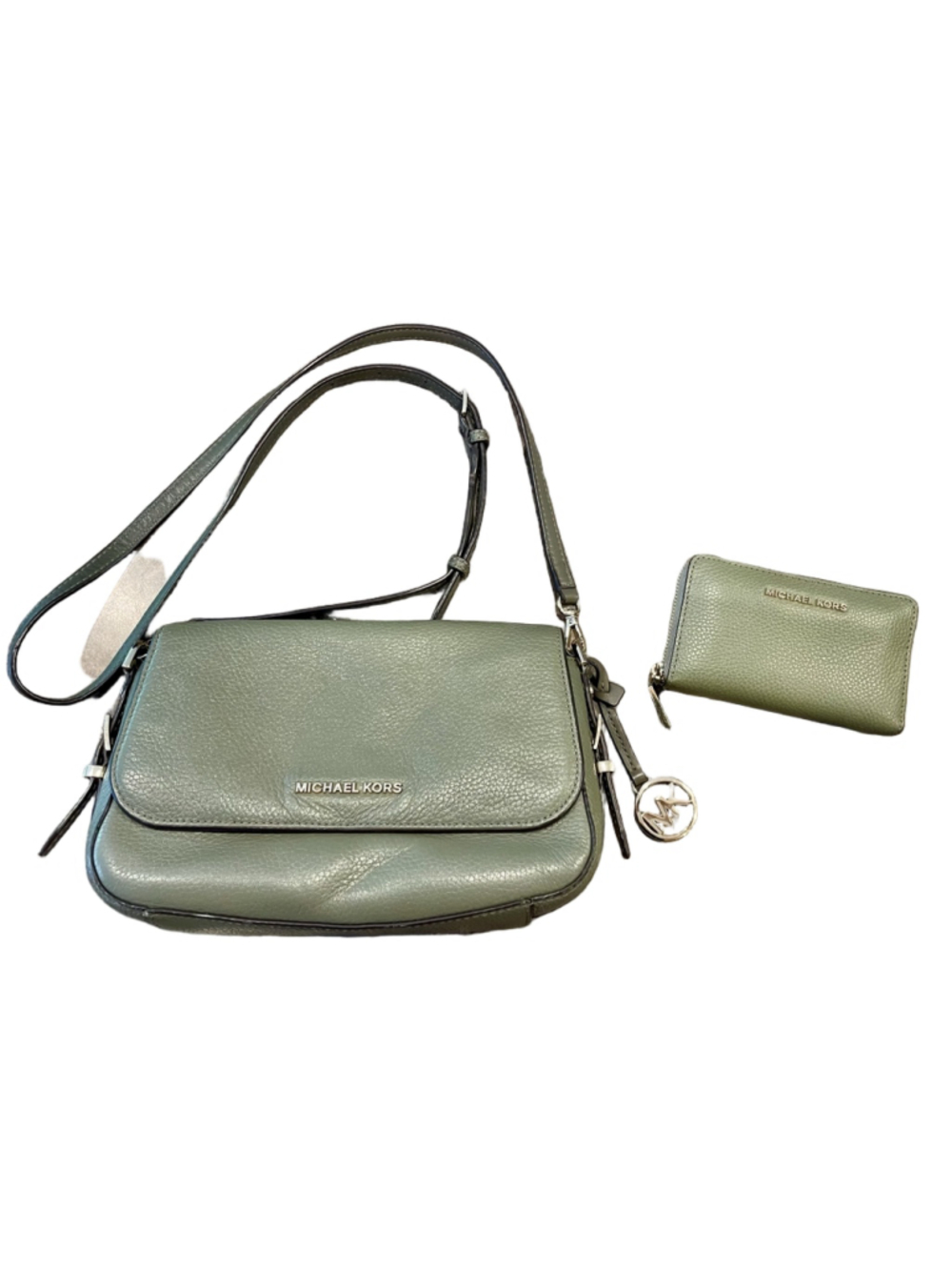 Michael Kors Olive Green Pebbled Leather Crossbody Bag Wallet Set Gold